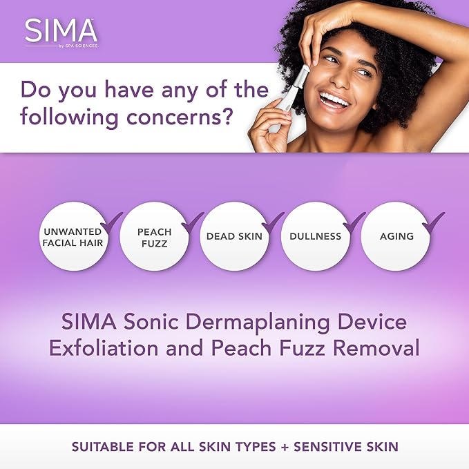 SPA SCIENCES - SIMA Patented Dermaplane Razor for Women Face – Painless 2-in-1 Facial Exfoliation & Peach Fuzz Hair Removal – Anti-Aging – 3 Speeds – Rechargeable – 7 Weeks Treatment