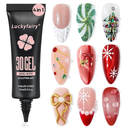 3D Gel Nail Art: 4 in 1 3D Nail Sculpting Gel for Molding, Drawing, Chrome Powder, Rhinestone Charms Glue, No Wipe Clear for DIY Fall Christmas Nail Art at Home, Lamp Curing Needed