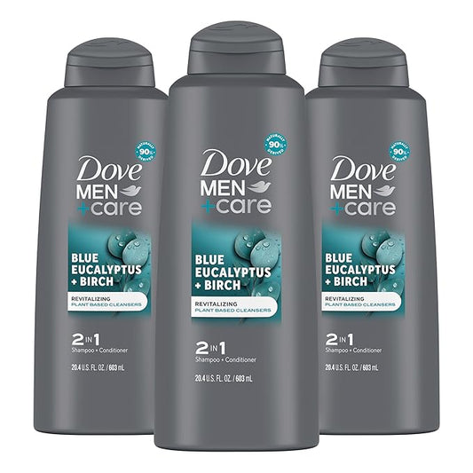 DOVE MEN + CARE 2 in 1 Shampoo Conditioner Eucalyptus + Birch 3 Count For Healthy-Looking Hair Naturally Derived Plant Based Cleansers 20.4 oz