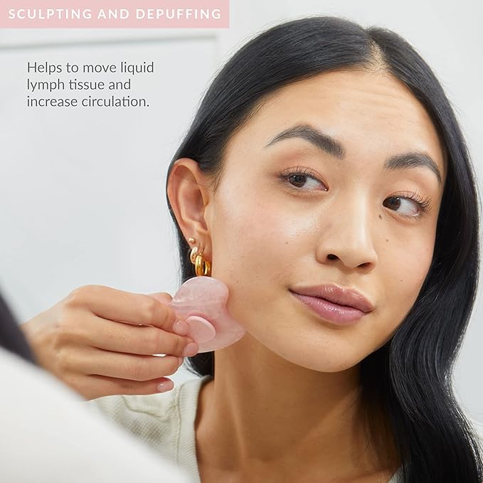 PMD Beauty Gua Sha Facial Tools - Massaging, Sculpting and Depuffing Guasha Tool for Face with Rose Quartz and Silicone Grip - Reduce Tension & Inflammation, with Starter Kit