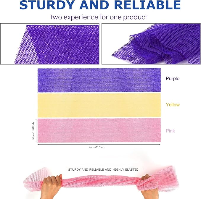 UJFQBH 3 Pieces African Bath Sponge African Net Long Net Bath Sponge Exfoliating Shower Body Scrubber Back Scrubber Skin Smoother,Great for Daily Use (Pink,Yellow,Purple)
