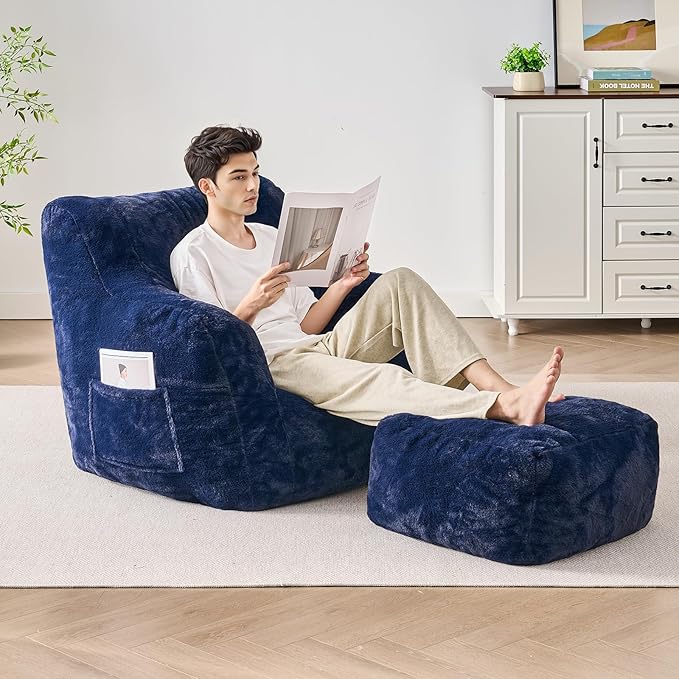 ONBRILL Giant Bean Bag Chairs for Adults with Ottoman, Faux Fur Boneless Chaise Couch Filler with Memory Foam,Large BeanBag Lounge Lazy Floor Sofa Accent Chair for Living Room,Bedroom & Game Rooms
