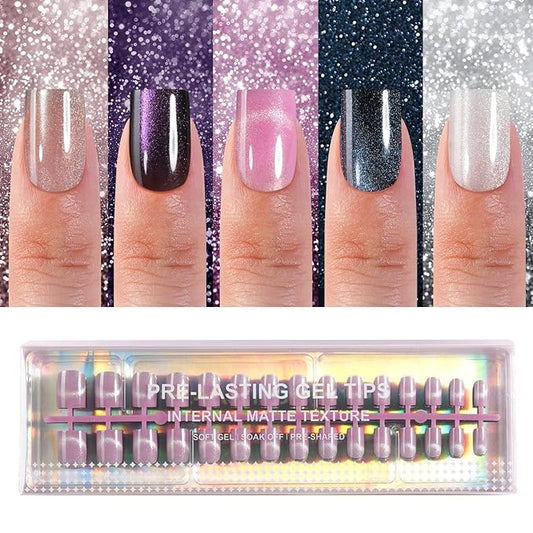 150Pcs Cat Eye Press on Nails, Plauva XS Short Square Cat Eye Nail Tips, Glossy Glitter Fake Nails, Soft Gel Stick On Nails for Women and Girls 15 Sizes