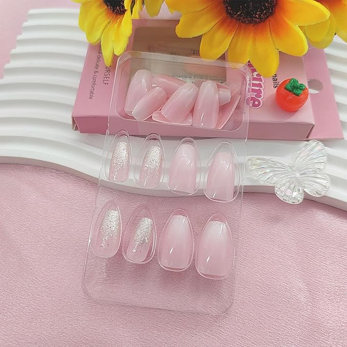 Short Press on Nails Coffin Fake Nails with Glitter Designs Pink White Gradient Nails Press ons Glossy Glue on Nails Cute Acrylic Nails Daily Wear Simple False Nails Stick on Nails for Women 24Pcs