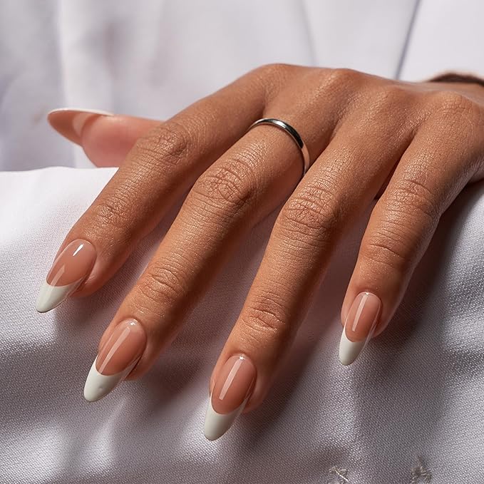 BTArtbox French Tip Press On Nails - Medium Press On Nails Almond, Natural Fake Nail with Nail Glue, Brown Glue On Nails in 15 Sizes - 30 Fake Nails Kit, Capable