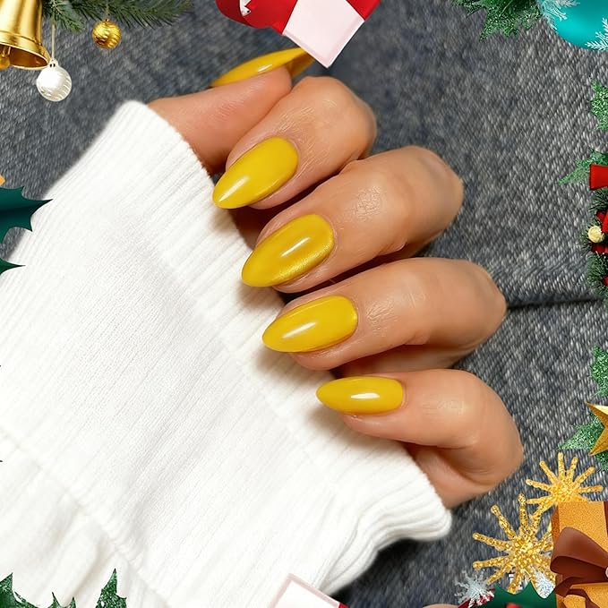 KQueenest Cat Eye Press On Nails Short, Christmas Press On Nails Almond, Sparkle Gold Fake Nails With Glue, Recycled Soft Gel Glue On Nails for Woman Christmas, Long-Lasting Glitter Effect, 30 Pcs