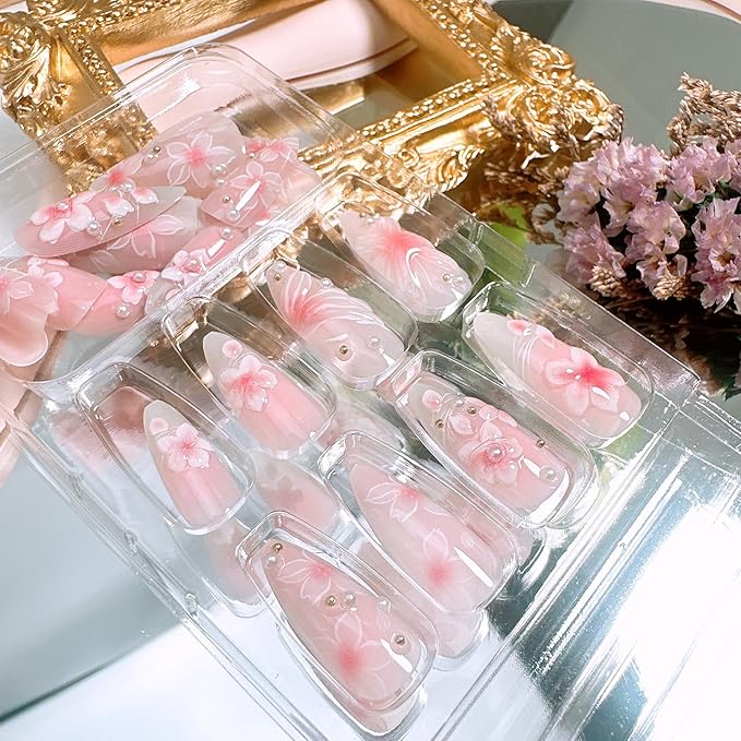 24Pcs Pink Press on Nails Medium Almond Fall Fake Nails with Pearl Glue on Nails 3D Flowers Butterfly Acrylic Nail Tips Gradient French False Nail Full Cover Pink Flower Stick on Nails for Women