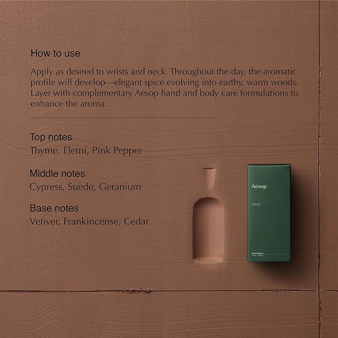 Aesop Hwyl Eau de Parfum | Smoky, Woody, and Vetiver Scent | Subtle Spice and Rich Earthy Aroma | Unisex | 3.3 oz