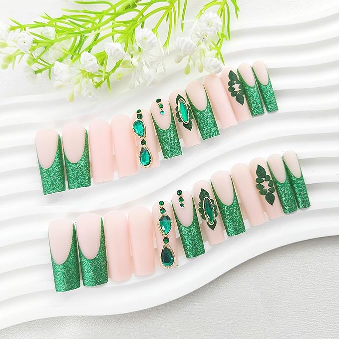Long Press on Nails Square Green French Tip Nails Press ons with Glitter Rhinestones Flower Design Pearl Fake Nails Extre Long Acrylic False Nails Glossy Glue on Nails for Girls 24Pcs