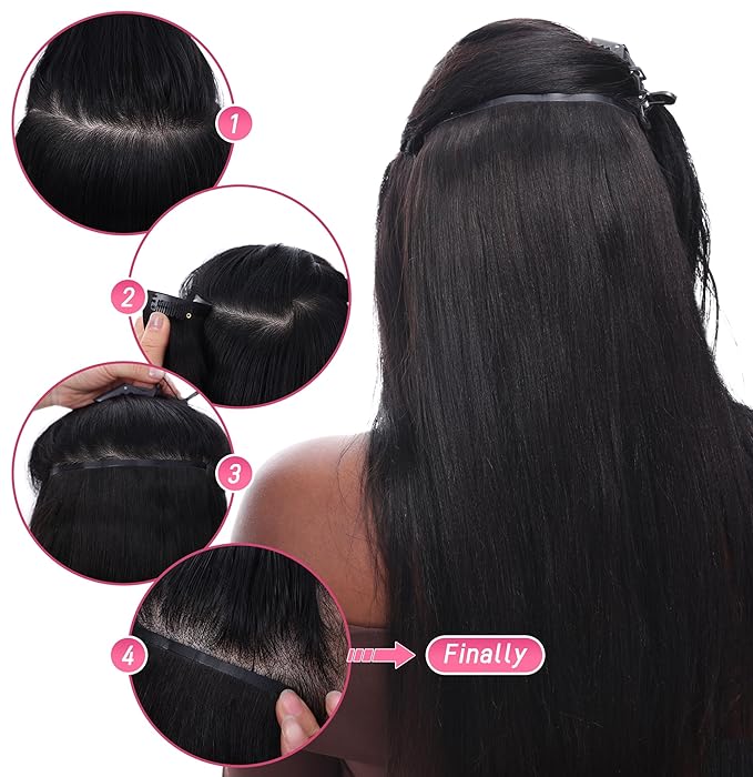 Essent Seamless Body Wave Clip in Hair Extensions Seamless Real Human Hair, 22 Inch 1Pack 130g 7Pcs Human Hair Extensions for Women Natural Black