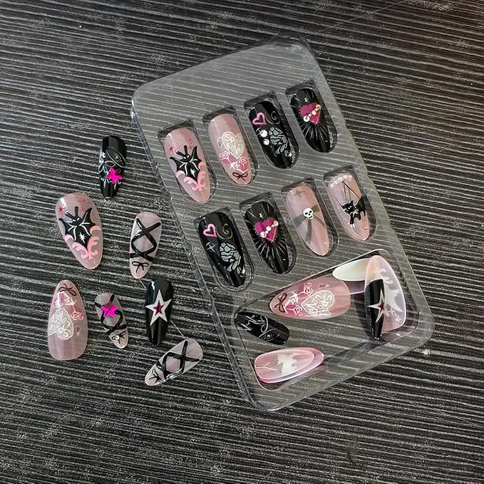 24Pcs Halloween Press on Nails Medium Almond Fake Nails with Cute Black Cat Bat Designs Pink Heart Bow Glue on Nail Full Cover Acrylic Artificial Nails for Women Halloween Manicure Decoration