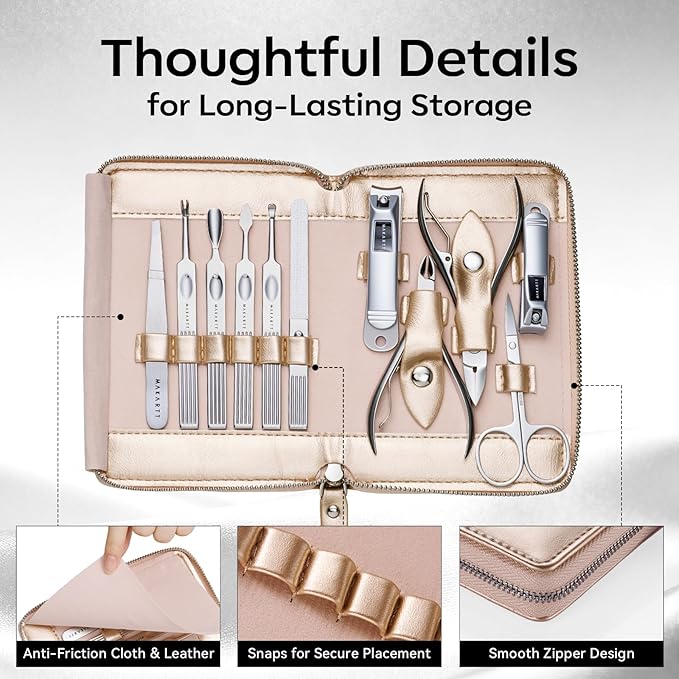 Makartt Manicure Kit for Women: Travel Manicure Pedicure Kit- 11 pcs Stainless Steel Women Men Fingernail Grooming Tool with Portable Rosy Gold Leather Case