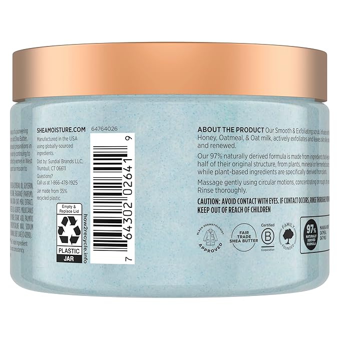 SheaMoisture Shea Sugar Body Scrub Manuka Honey Oatmeal for smooth & exfoliating Smooth and Exfoliating Body scrub with 24h shea moisture nutrients 12 oz