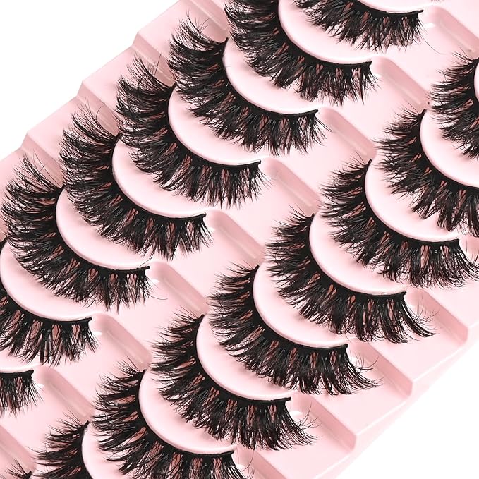 FARRED False Lashes Wispy Natural Strip Eyelashes 14mm Cat Eye Lash Strips Full Volume Fake Mink Eyelash Pack Natural Look 10 Pairs Short Thick Fluffy Cateye Pestañas Postizas for Women