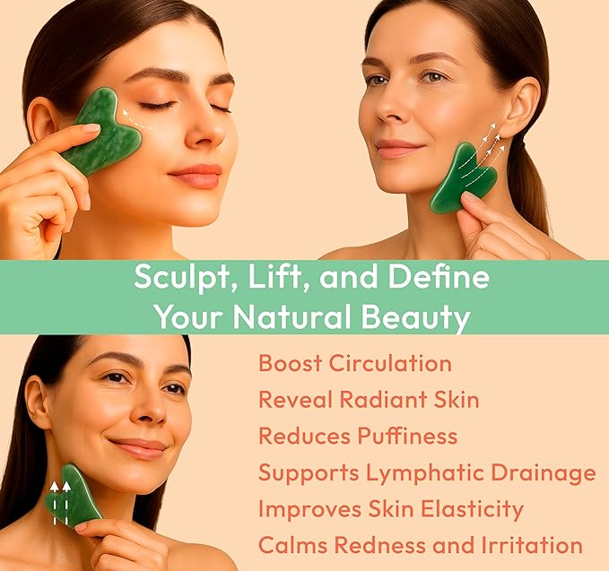Jade Gua Sha Facial Tool - 100% Natural Xiuyan Jade Authentic Stone for Face Sculpting, Puffiness Relief, Lymphatic Drainage & Skin Glow