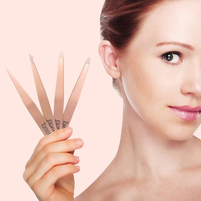 Tweezers for Eyebrows, Slant Tip and Pointed Eyebrow Tweezer Set Great Precision for Eyebrows Facial Hair, Ingrown Hair, Splinter, Blackhead and Tick Remover (4-piece) (Gold)