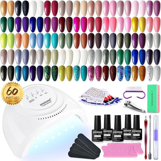 JODSONE 60 PCS Gel Nail Polish Starter Kit With U V Light 55 Kinds Of Color Glitter Gel Polish No Wipe Base And Glossy Matte Top Coat Easy To Apply
