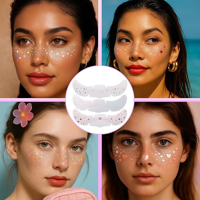 12 Sheets Glitter Freckles Stickers for Face and Body, Star and Heart Face Tattoo for Women and Girls, Long Lasting Waterproof Festival Rave Makeup Accessories