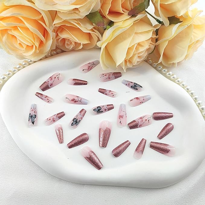 Coffin Press on Nails Medium French Tip False Nails with Butterfly Flower Design Glitter Glue on Nails Gradient Fake Nails Light Pink Coffin Nails Press ons Glossy Acrylic Nails for Girls 24Pcs