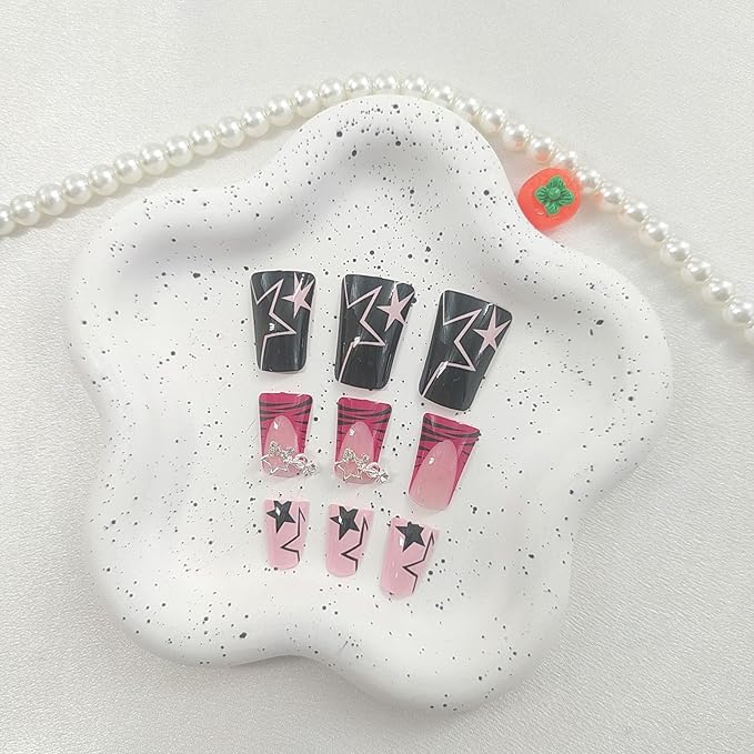 Duck Press on Nails Medium Fake Nails with Star Leopard Print Pearl Designs French Tip Nails Press ons Black Acrylic Nails for Women 24Pcs