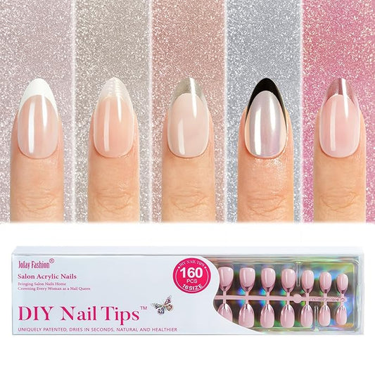 Chrome French Tip Press on Nails - Almond Press on Nails Short, French Nails Soft Gel Nails False Nail, Stick On Nails in 16 Sizes -160PCS Soft Gel Fake Nails Kit for Valentines Day Gift