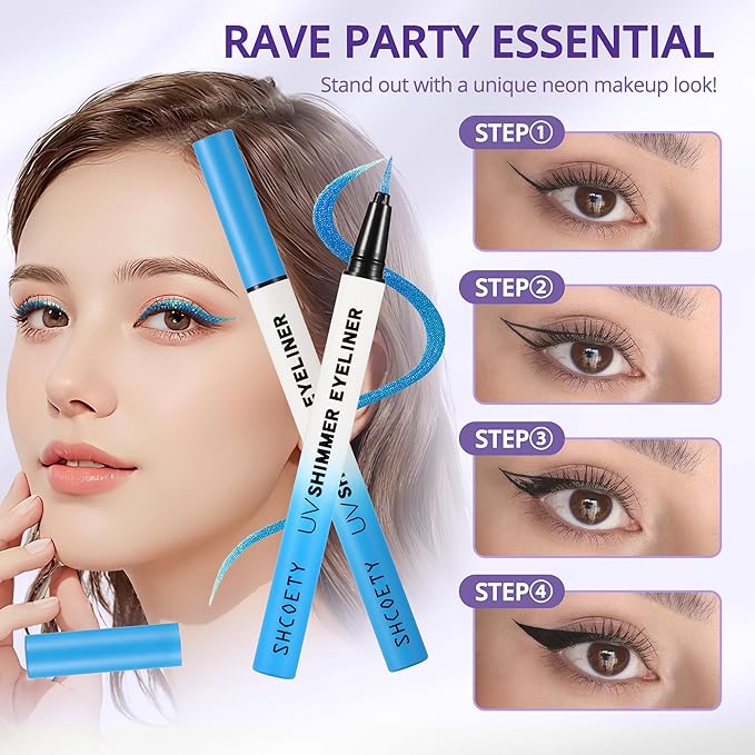 Metallic Neon Liquid Eyeliner, Glitter Neon Colored Eyeliners Pen, High Pigmented, Waterproof Smudge-Proof and Long-Lasting Metallic Eye Makeup for Halloween Christmas,Shimmer Blue