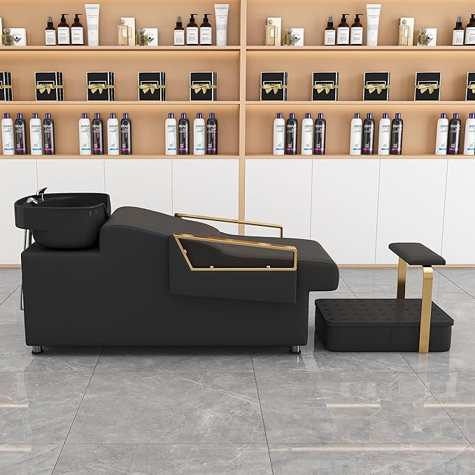Shampoo Bowl and Chair Set for Salon, Hair Washing Station for Hair Stylist, ABS Backwash Shampoo Bowl Sink with Independent Footrest for Spa Beauty Barbershop(Black+Gold)