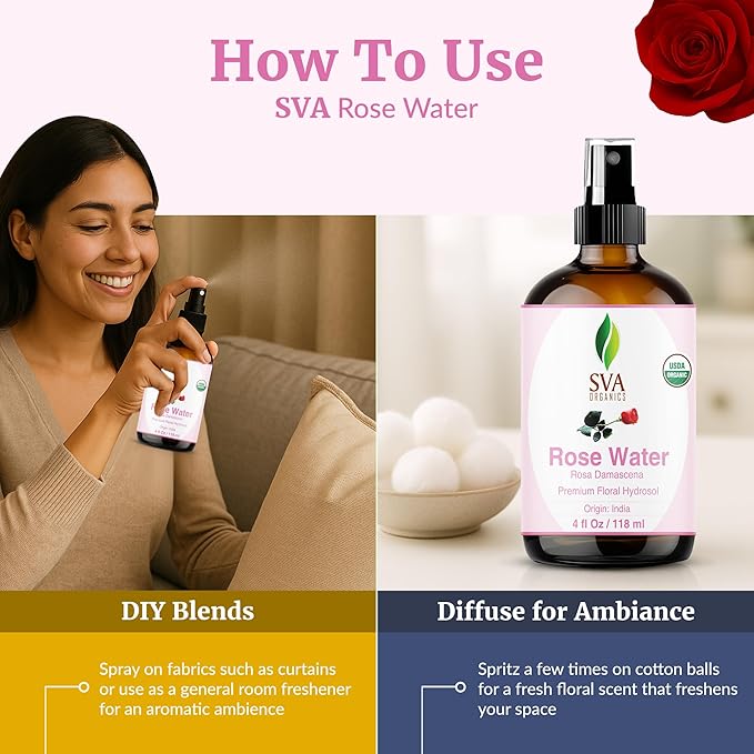 SVA ORGANICS Rose Water 4oz (118 ml) Refreshing Rose Water Spray for Skin Care, Skin Hydration, Bath, Soaps, Haircare & Aromatherapy