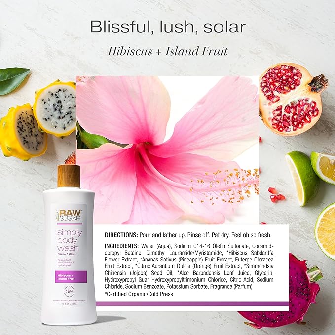 RAW SUGAR Simply Body Wash - Hibiscus + Island Fruit (25 Fl Oz, Pack of 1) Moisturizing & Soothing Bath & Shower Gel, Formulated without Sulfates & Parabens, Vegan