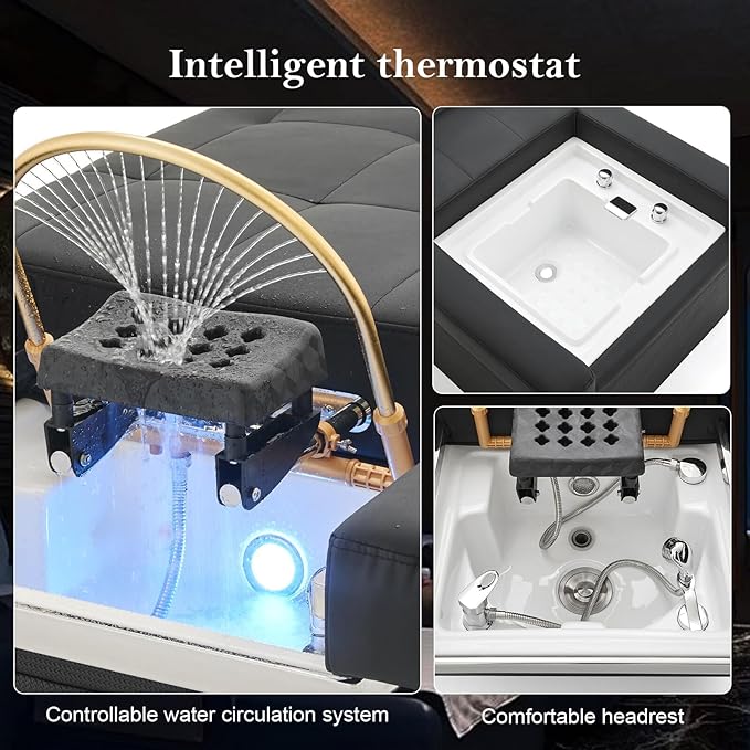 Massage Bed with Shampoo Bowl - Professional Head Spa Equipment for Beauty Salons, Adjustable Backwash Unit with Foot Bath Function, Beauty Bed, Black