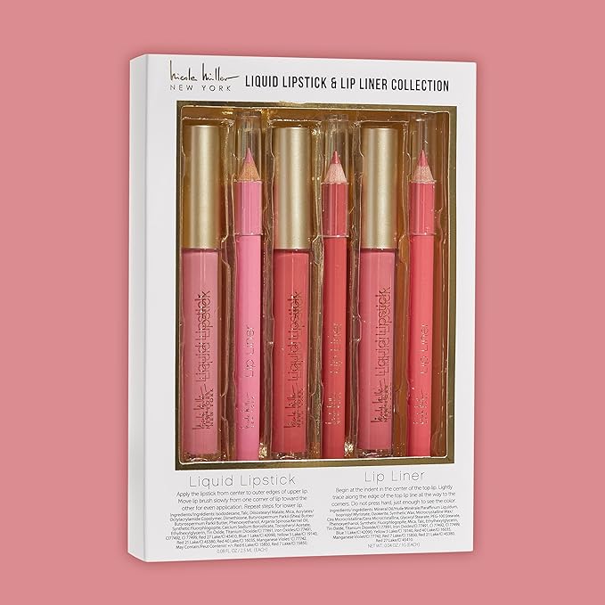 Nicole Miller Liquid Lipstick & Liner Collection | 6 Piece Set in Various Shades for Stunning, Long-lasting