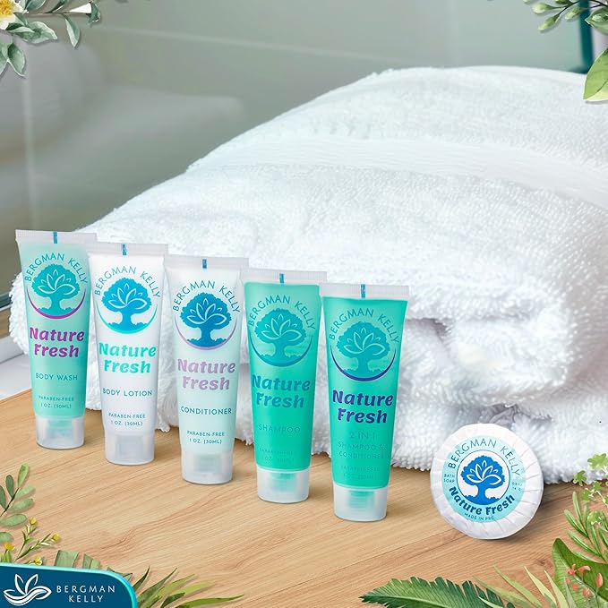 Bergman Kelly Round Hotel Soap Bars, Shampoo & Conditioner 3-Piece Set (1 oz each, 150 pc, Nature Fresh), Delight Your Guests with Refreshing & Soothing Mini Travel Toiletries & Bulk Amenities