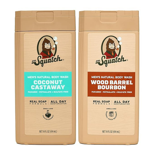 Dr. Squatch NEW Body Wash for Men with Nourishing, Natural Ingredients | No Paraben, Phthalate, Sulfate | All Day Moisture | Long Lasting Scent | Coconut Castaway & Wood Barrel Bourbon (14 oz, 2-Pack)