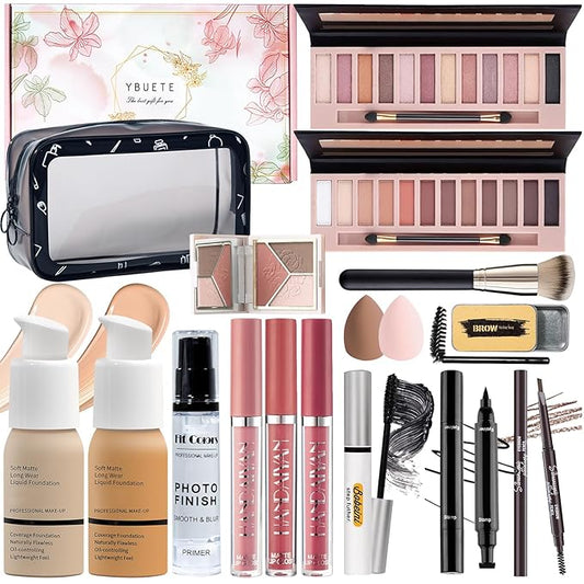 Makeup Set Kit for Women Full Kit, Makeup Present for Women Teen Girl, Eyeshadow Foundation Face Primer Brush 3 in 1 Palette Lip Gloss, Eyebrow Soap Mascara Eyeliner cosmetic bag
