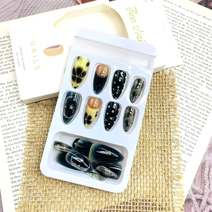 Fall French Tip Press on Nails Medium Almond False Nails with Flower Design Full Cover Glue on Nail Reusable White Polka Dots Acrylic Fake Nails Glossy Artificial Stick on Nail for Women