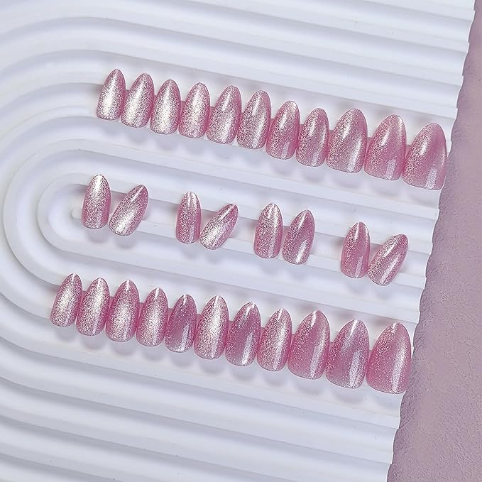 KQueenest Cat Eye Press On Nails Short, Acrylic Press On Nails Almond, Sparkle Rose Pink Fake Nails With Glue, Recycled Soft Gel Glue On Nails for Woman, Long-Lasting Glitter Effect, 30 Pcs