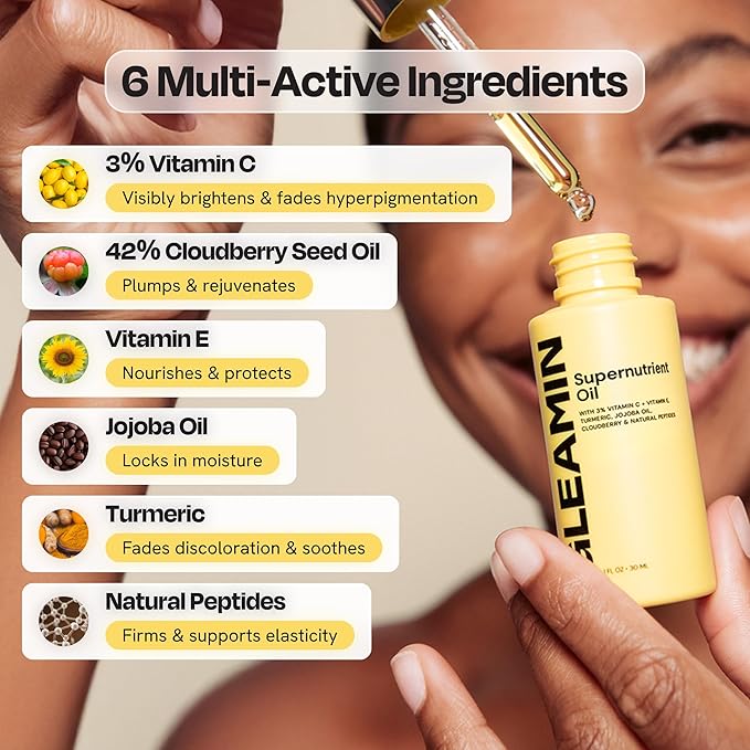 Gleamin Brightening Face Oil with Vitamin C & E, Turmeric, Jojoba & Cloudberry | Hydrating Facial Oil for Radiant Glow, Dark Spots, Fine Lines & Uneven Tone | Skin Brightening for Women & Men, 1 Fl Oz