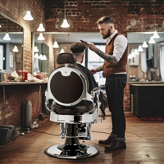 Winado Heavy Duty Vintage Recline Barber Chair Hydraulic with Headrest, Supports up to 550lbs & 360°Rotatable, Professional Salon Beauty Spa Shampoo Equipment (Thickened Cushion)