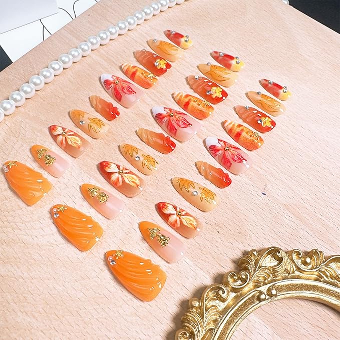 30 Pcs Fall Press on Nails Medium Almond Fake Nails with 3D Flower Gold Rose Rhinestones Design Gold Maple Leaf False Nails White French Tip Acrylic Nails Autumn Thanksgiving Stick on Nail for Women
