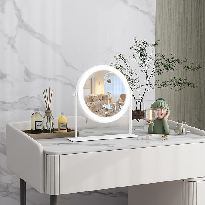 10"x10" Lighted Makeup Mirror, Vanity Mirror with Lights, Dimmable Touch Screen, Light up Mirror, Portable Travel Mirror, Cosmetic Mirror for Makeup Desk, 360° Rotation, White