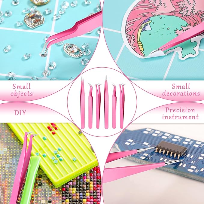 High Precision Lash Tweezers Set 6 Pack Stainless Steel Eyelash Extension Tweezers for Classic, Volume, Mega Volume Lashes, Facial Hair, Eyebrow, Hair Removal, Crafting Making(Pink)