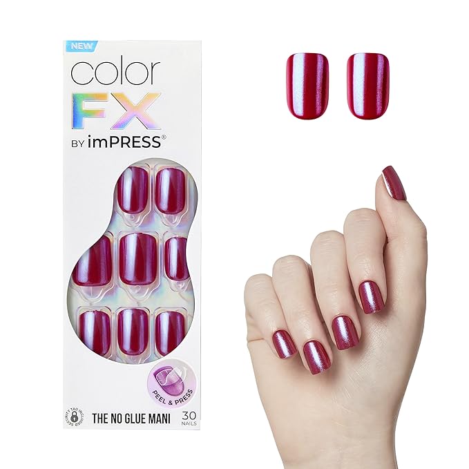 KISS imPRESS No Glue Mani Press On Nails, Color FX, 'This City', Dark Red, Short Size, Squoval Shape, Includes 30 Nails, Prep Pad, Instructions Sheet, 1 Manicure Stick, 1 Mini File
