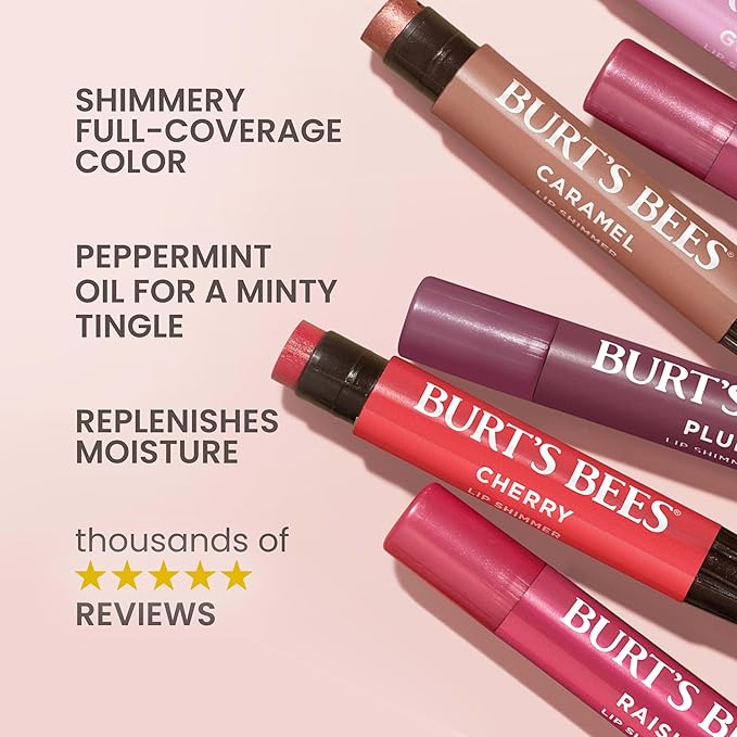 Burt's Bees Christmas Gifts, Lip Shimmer Pink Collection, Tinted Lip Balm Stick, Moisturizing for Hydration with Natural Glowy Pigmented Finish & Buildable Color, Value Pack, 3 Tubes x 0.09 Oz