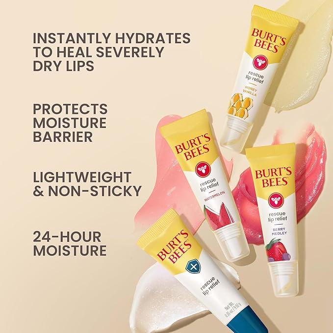 Burt's Bees Stocking Stuffers, Rescue Lip Relief, Honey Vanilla, Hydrating Lip Balm for Dry Cracked Lips, with Responsbily Sourced Beeswax and Shea Butter, 100% Natural Origin, 1 Squeezy Tube, 0.35oz