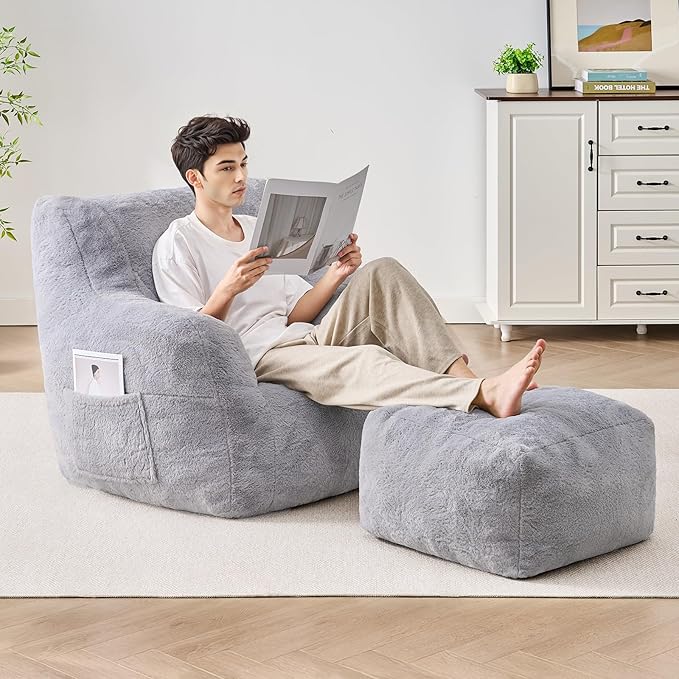 ONBRILL Giant Bean Bag Chairs for Adults with Ottoman, Faux Fur Boneless Chaise Couch Filler with Memory Foam,Large BeanBag Lounge Lazy Floor Sofa Accent Chair for Living Room,Bedroom & Game Rooms