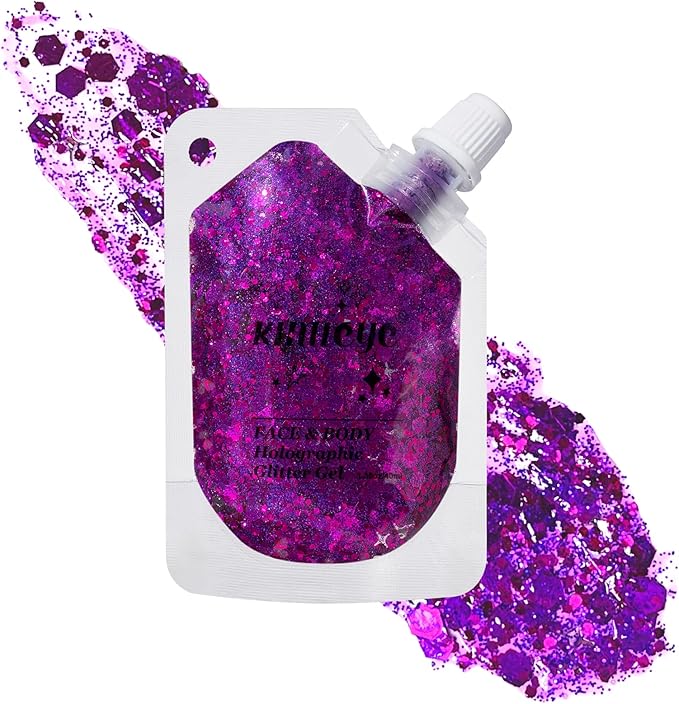 Holographic Face Glitter Gel Body Shimmer Makeup for for Hair, Face, Clavicle, Arm, Nail, Eyeshadow, Long Lasting Waterproof Mermaid Sequins Party Glitter for Rave Festival, 1.35oz (Grape Purple #13)