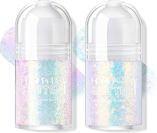 2 Colors Roll-on Body Glitter Gel, Holographic Glitter Gel Under Light for Face Hair, Body Shimmer for Rave Accessories Christmas New Year Halloween Makeup (8+12)