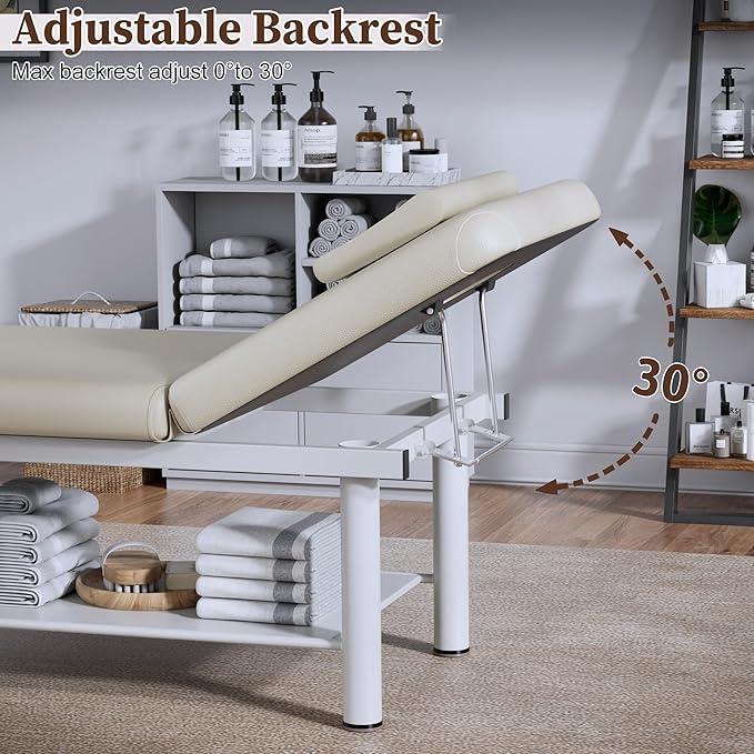 Olela Heavy Duty Stationary Massage Table with Adjustable Backrest, 31.5" Wide Professional Spa Facial & Therapy Bed, Metal Frame PU Leather Treatment Table for Salon & Clinic