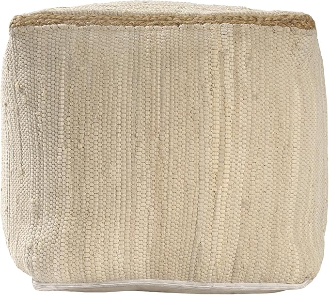 LR Home Birch/Silver Bordered Hand-Loomed Cotton Blend Cube Pouf with Jute Braid for Home Décor | Transitional Foot Rest for Bedroom & Living Room | 18 x 18 x 18 Stuffed Ottoman for Seating