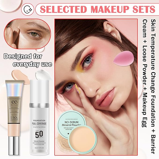 Color Changing Liquid Foundation & CC Cream Makeup Set,Moisturizing BB Cream & Loose Setting Face Powder with Makeup Sponge